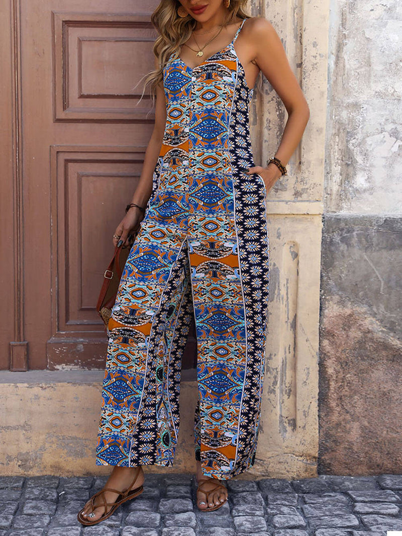 Amsoin Suspender Print Wide-Leg Jumpsuit