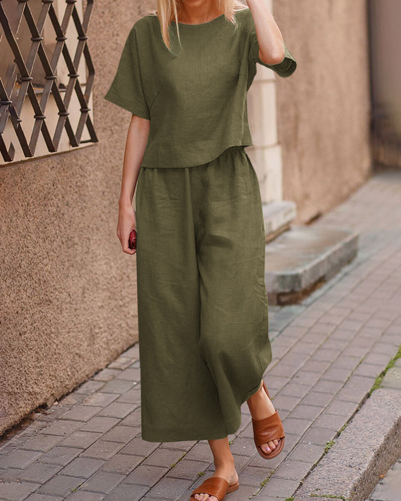 Short Sleeve Tops And Long Wide Leg Pants Casual Loose Fit Two Piece Loungewear Sets