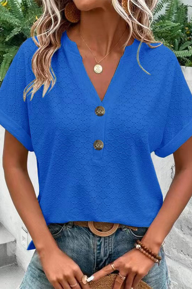 Casual Solid Buttons V Neck T-Shirts