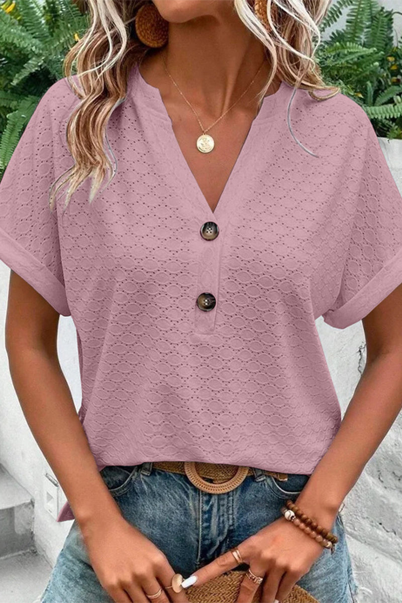 Casual Solid Buttons V Neck T-Shirts