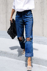 Casual Sportswear Solid Ripped Loose Denim Jeans