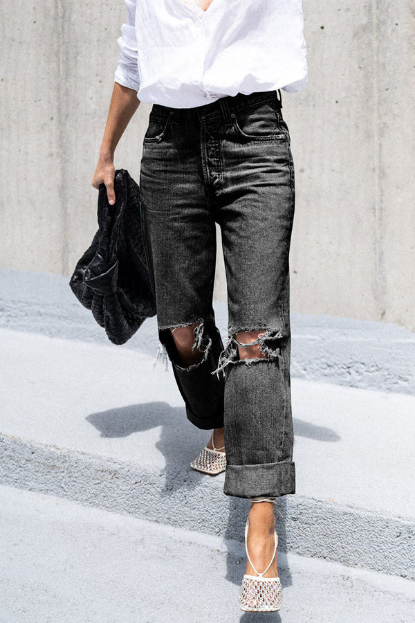 Casual Sportswear Solid Ripped Loose Denim Jeans