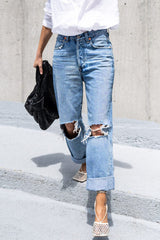 Casual Sportswear Solid Ripped Loose Denim Jeans