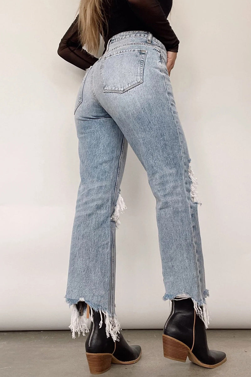 Casual Solid Ripped Make Old Loose Denim Jeans