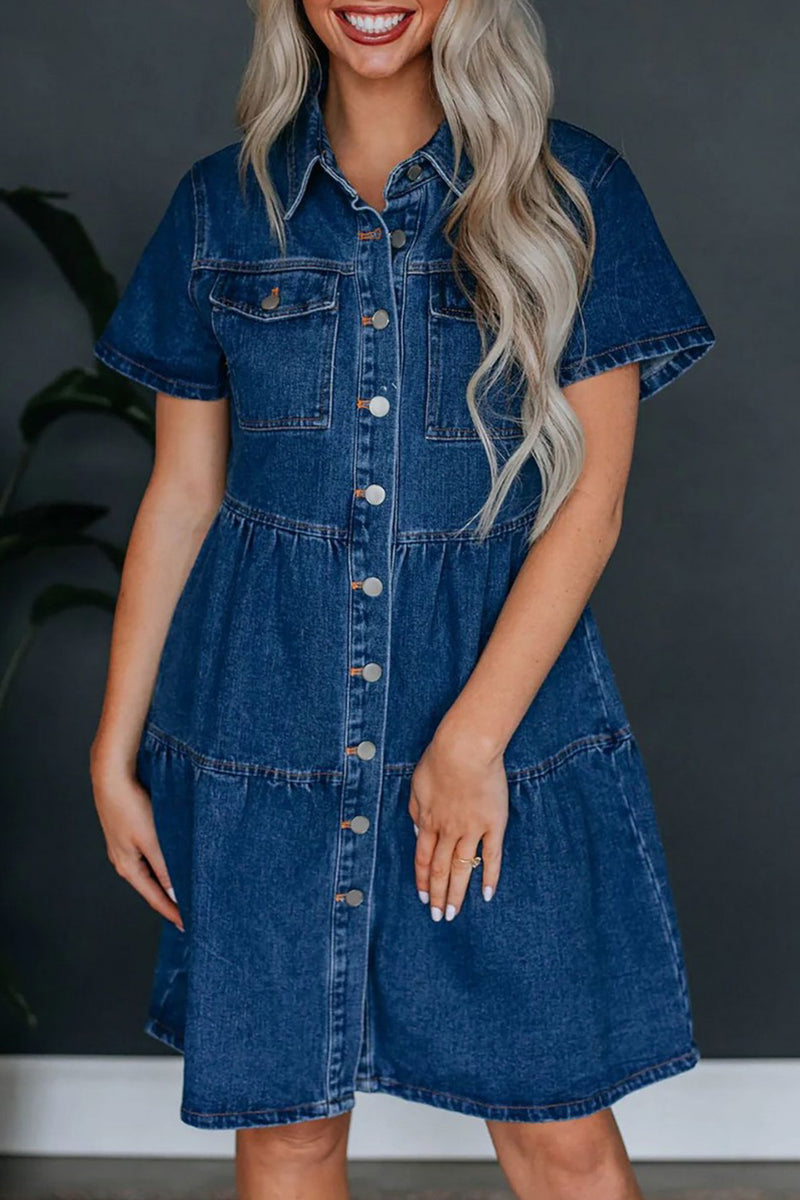 Casual Solid Pocket Buckle Turndown Collar Short Sleeve Loose Denim Dresses