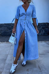 Elegant Solid Make Old Buckle V Neck Half Sleeve Loose Denim Dresses