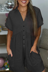 Casual Simplicity Solid Pocket Buttons V Neck Loose Rompers