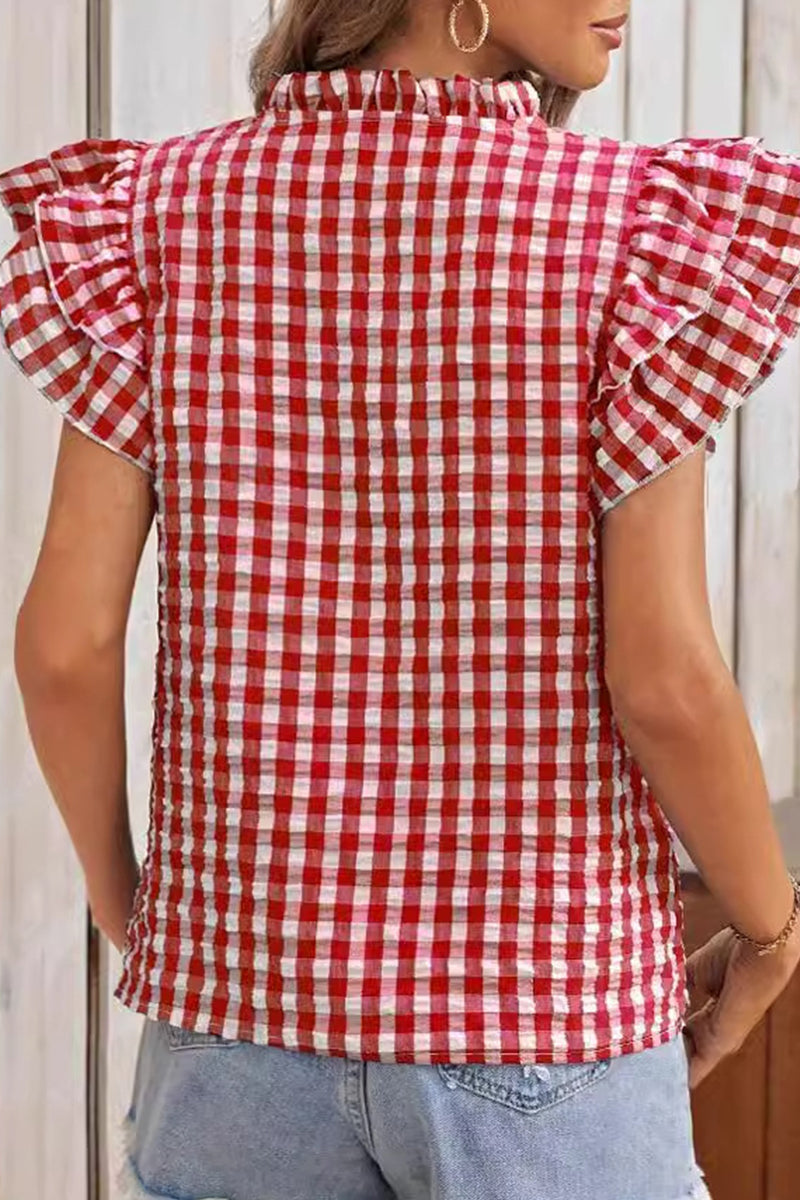 Sweet Elegant Plaid Flounce Contrast V Neck Tops