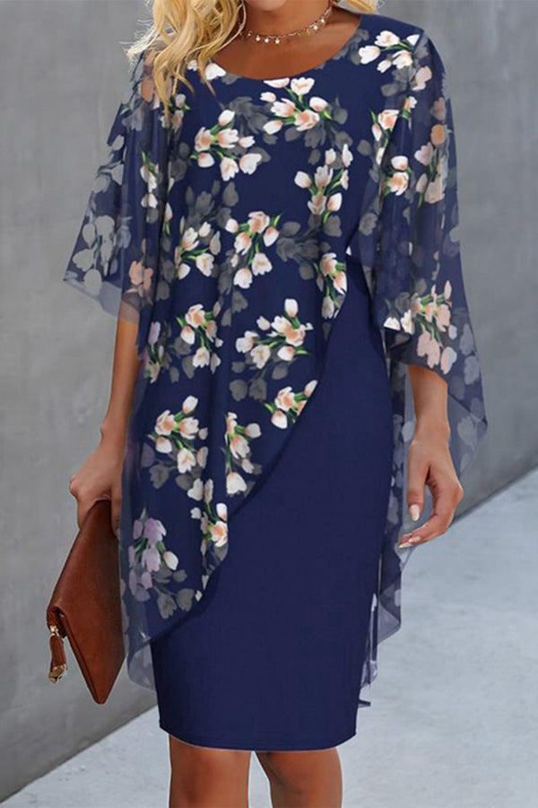 Elegant College Floral Flounce Asymmetrical O Neck Half Sleeve Two Pieces