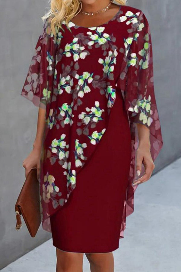 Elegant College Floral Flounce Asymmetrical O Neck Half Sleeve Two Pieces