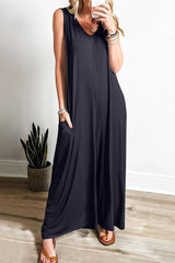 Casual Simplicity Solid Pocket V Neck Loose Jumpsuits