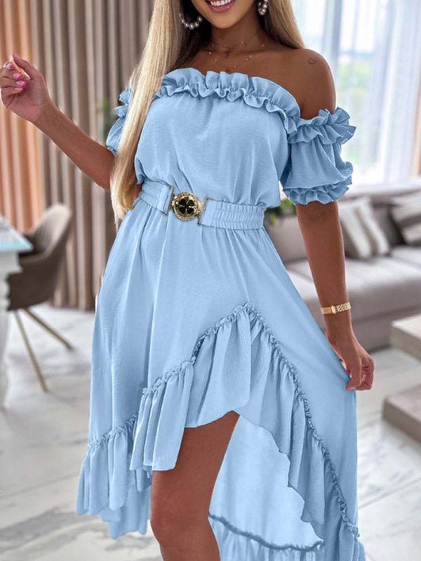 Amsoin Ruffle Frill Hem Asymmetrical Maxi Dress