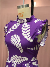 Violet Print Sleeveless Waist-controlled Large Hem Dress