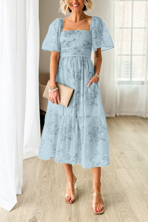 Amsoin Square Neck Short Sleeve Ruched Floral Midi Dress