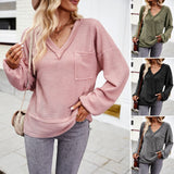 Women's Fashion Solid Color V-neck Long-sleeve Knitwear Top