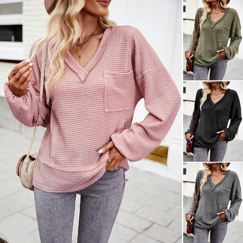 Women's Fashion Solid Color V-neck Long-sleeve Knitwear Top