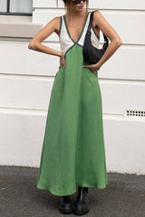 Amsoin V Neck Color Block Sleeveless Maxi Swing Dress