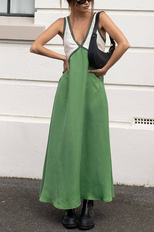 Amsoin V Neck Color Block Sleeveless Maxi Swing Dress