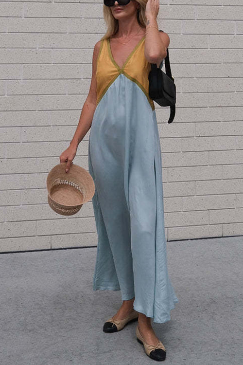 Amsoin V Neck Color Block Sleeveless Maxi Swing Dress