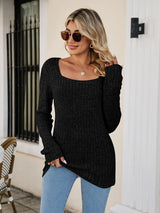 Square Neck Ribbed Long Sleeve Sweater