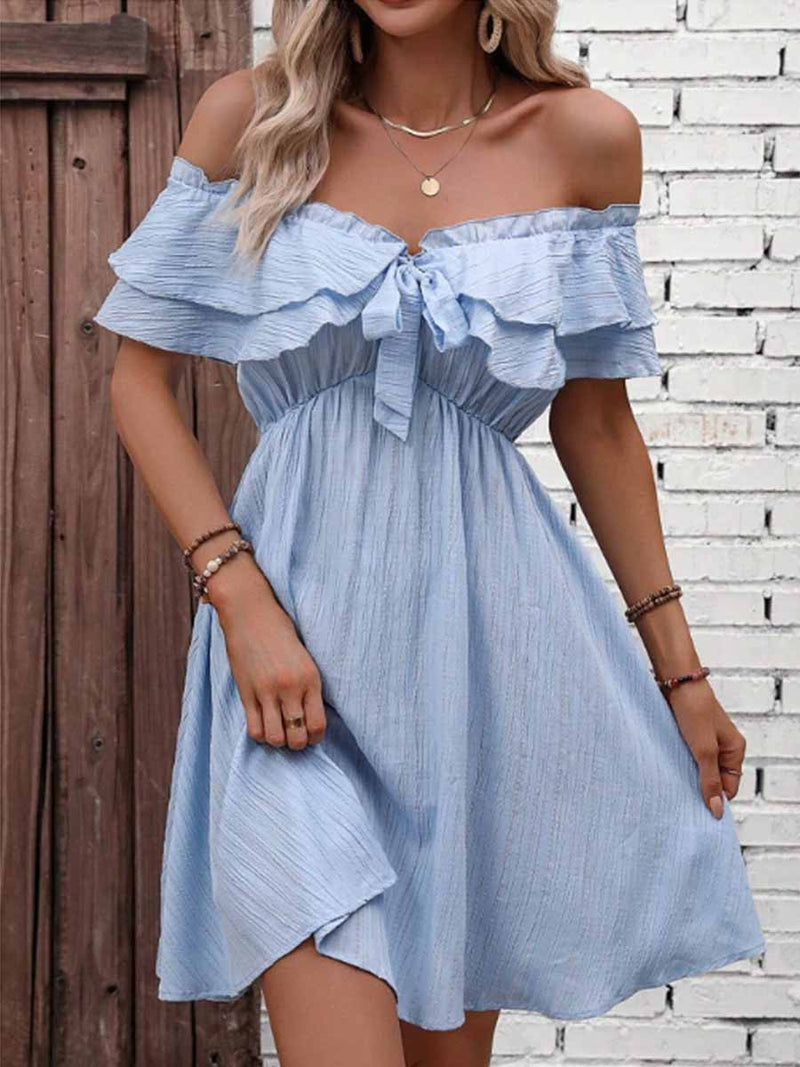 Solid Color Off-the-shoulder Knot Front Ruffled Dress