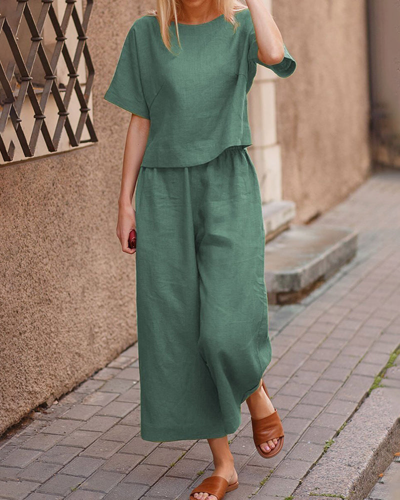 Short Sleeve Tops And Long Wide Leg Pants Casual Loose Fit Two Piece Loungewear Sets