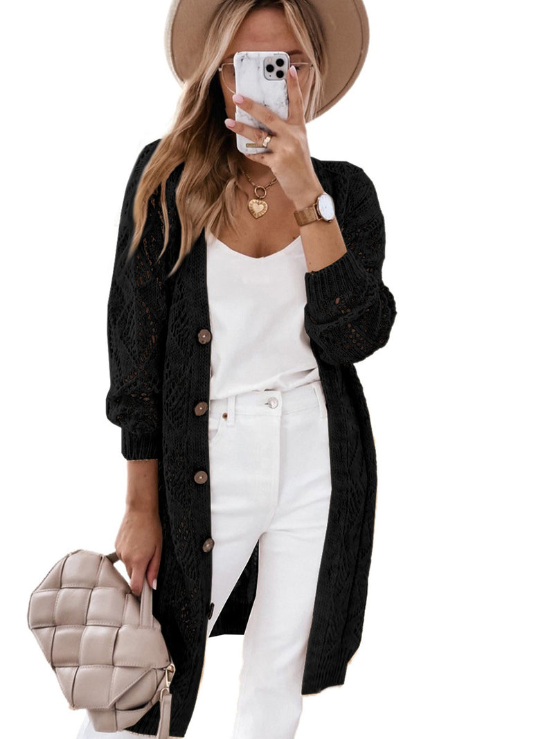 Solid Color Long-sleeved Sweater Women's Hollow-out Long Cardigan