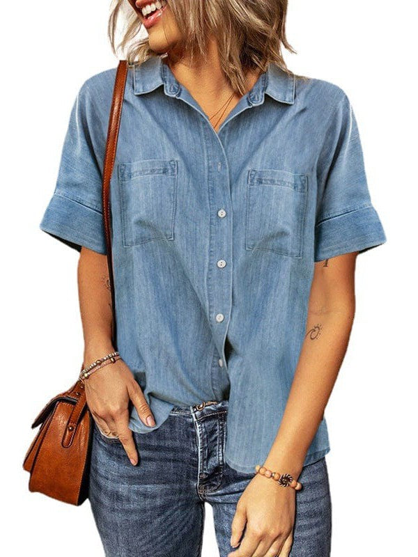 Amsoin Denim Shirt With Short Sleeves