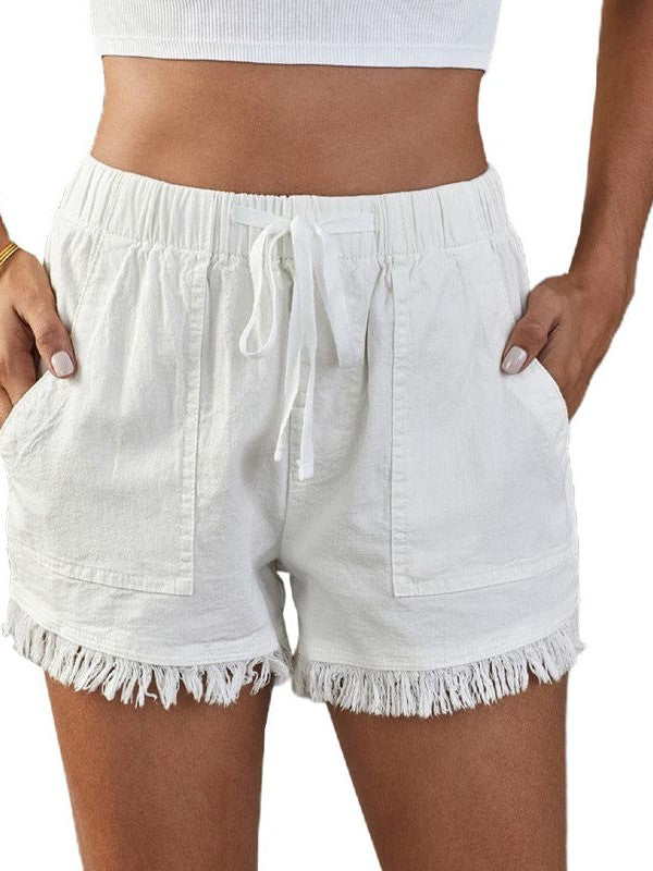 Women's High Waist Denim Shorts with Elastic Waistband and Fringed Details