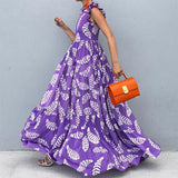 Violet Print Sleeveless Waist-controlled Large Hem Dress