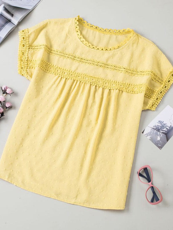 Solid Color Short Sleeve Lace Chiffon Top