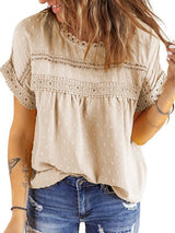 Solid Color Short Sleeve Lace Chiffon Top