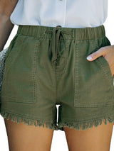 Women's High Waist Denim Shorts with Elastic Waistband and Fringed Details