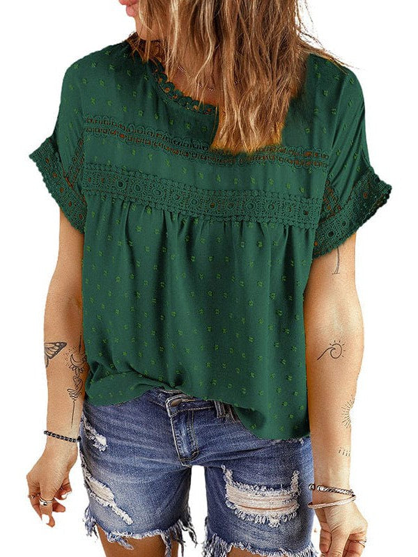 Solid Color Short Sleeve Lace Chiffon Top