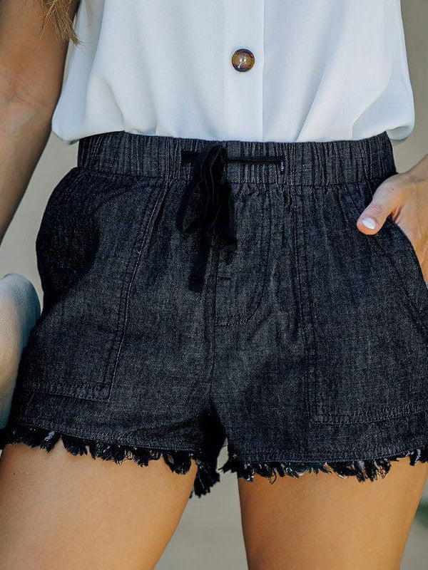 Women's High Waist Denim Shorts with Elastic Waistband and Fringed Details