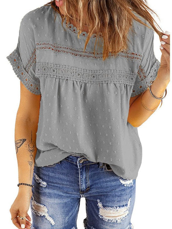 Solid Color Short Sleeve Lace Chiffon Top