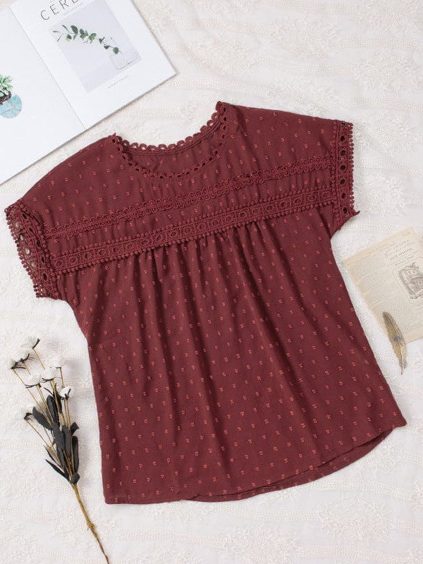 Solid Color Short Sleeve Lace Chiffon Top