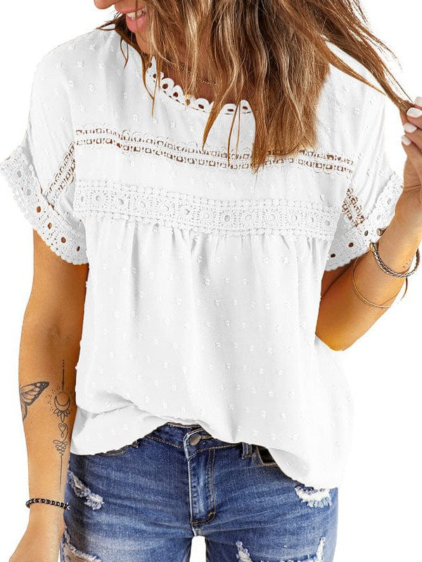 Solid Color Short Sleeve Lace Chiffon Top