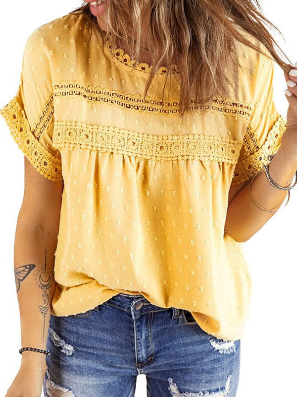 Solid Color Short Sleeve Lace Chiffon Top