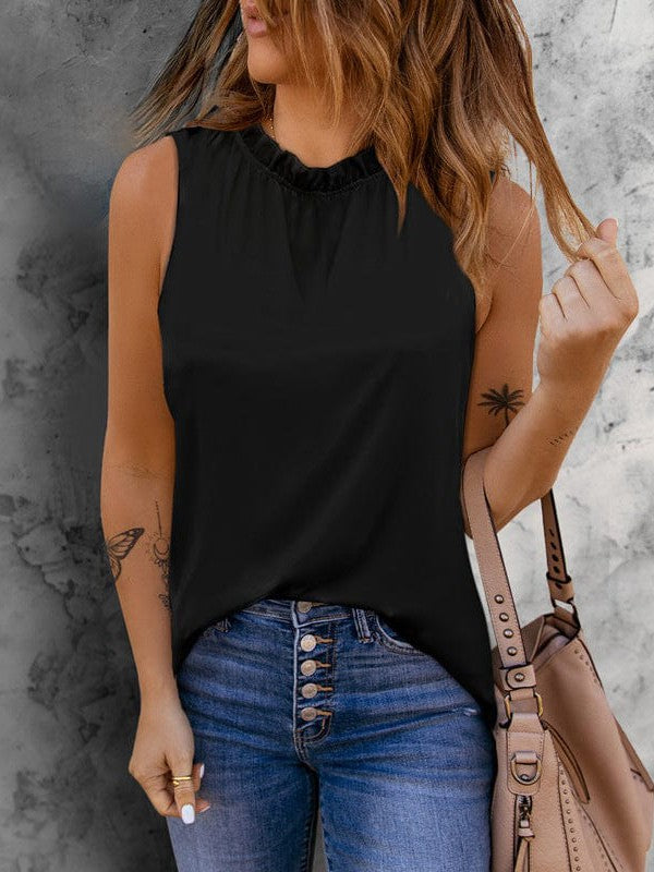 Spliced Lace Sleeveless Turtleneck Top