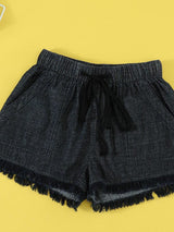 Women's High Waist Denim Shorts with Elastic Waistband and Fringed Details