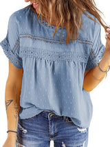 Solid Color Short Sleeve Lace Chiffon Top