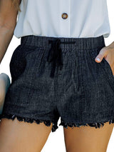 Women's High Waist Denim Shorts with Elastic Waistband and Fringed Details