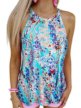 Printed Sky Blue Neck Women's Vest with Elastic Fit