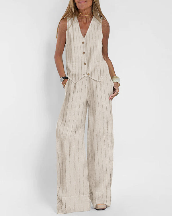 effortlessly chic stripes sleeveless vest and wide leg pants set