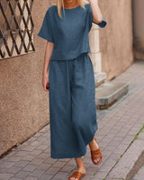 Short Sleeve Tops and Long Wide Leg Pants Casual Loose Fit Two Piece Loungewear Sets