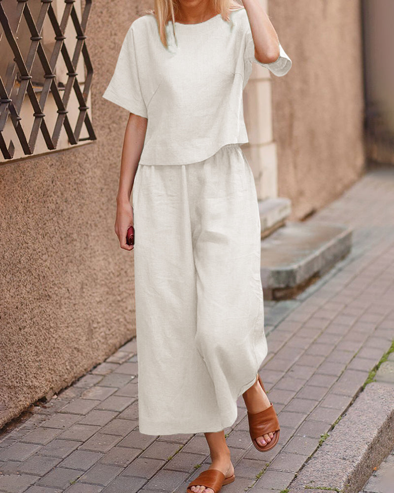 Short Sleeve Tops And Long Wide Leg Pants Casual Loose Fit Two Piece Loungewear Sets