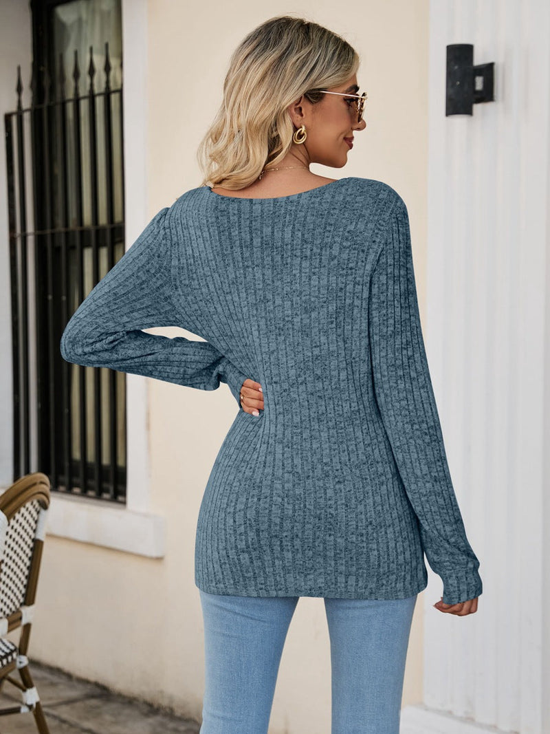 Square Neck Ribbed Long Sleeve Sweater