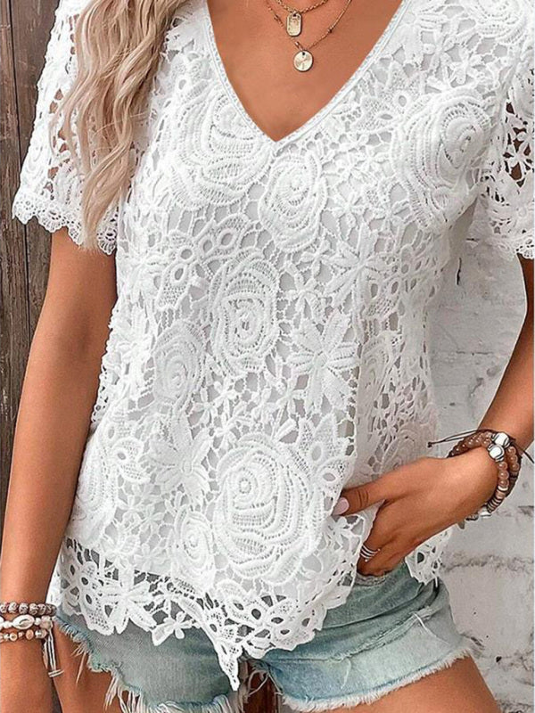 Summer new short-sleeved lace V-neck loose sweet pullover T-shirt-[Adult]-[Female]-2022 Online Blue Zone Planet