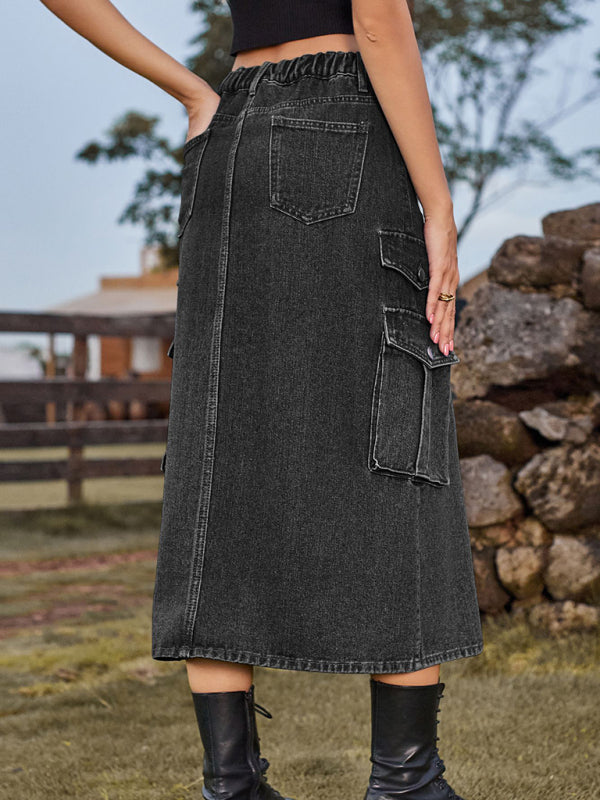 Amsoin Elastic Waist Denim Cargo Casual Midi Skirt